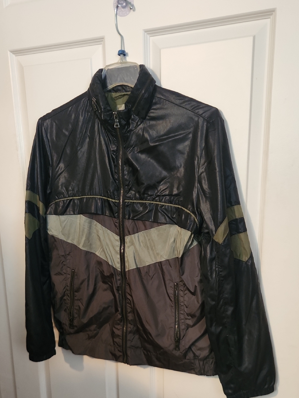 Prada Black and Olive Chevron Panel Windbreaker Jacket